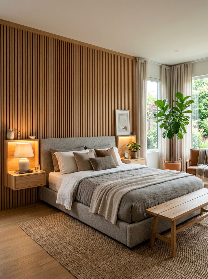 Wood slat accent wall - 30 bespoke bedroom ideas