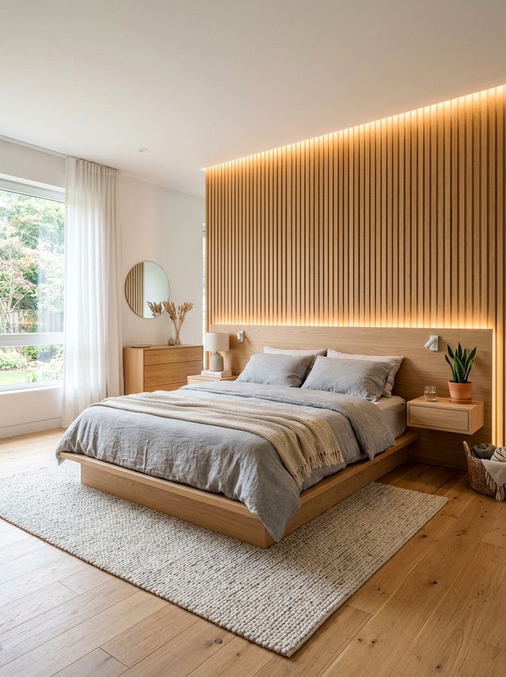 Wood slat wall - 30 bedroom feature wall ideas