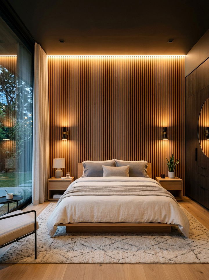 Wood slat wall - 30 cozy texture bedroom ideas