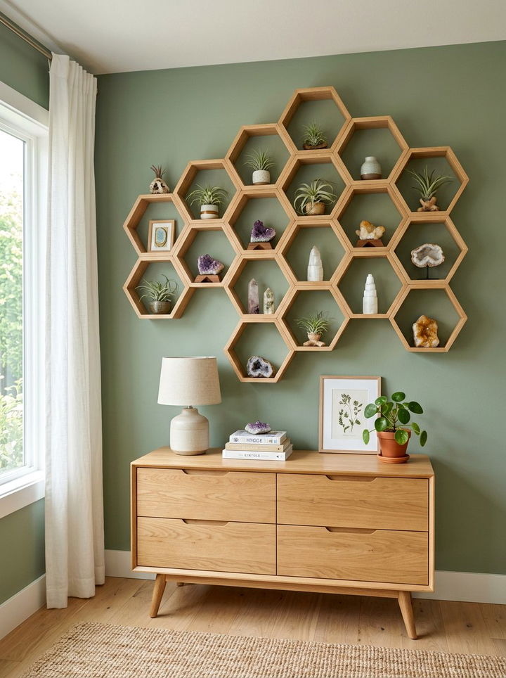 Wooden Honeycomb Shelves - 30 bedroom wall shelving ideas