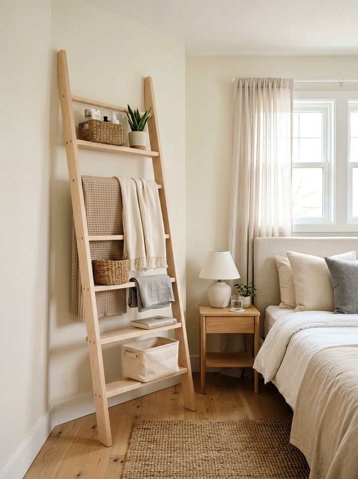Wooden Ladder Shelf - 30 bedroom storage solutions
