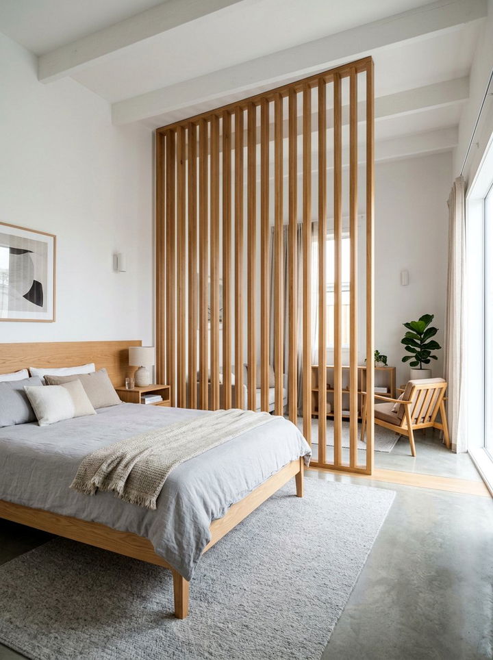 Wooden Slat Divider - 30 bedroom partition ideas
