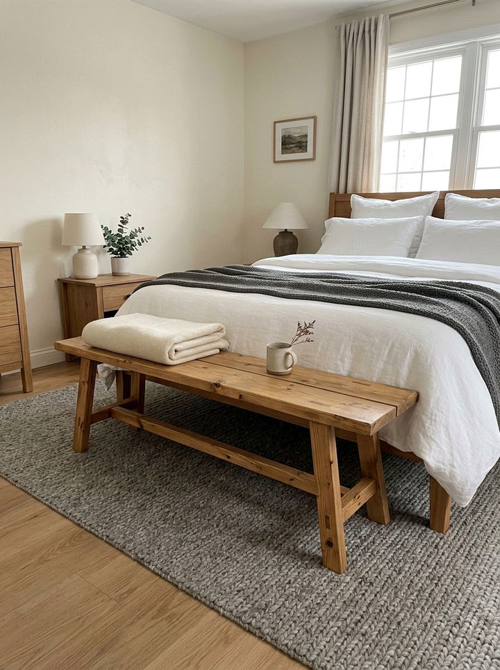 Wooden bench end of bed - 30 Finnish bedroom ideas