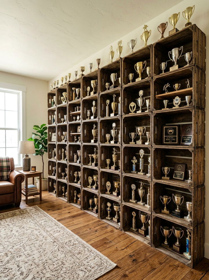 Wooden crate shelf - 30 bedroom trophy display ideas