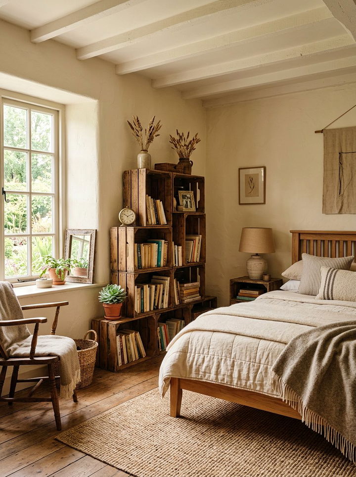 Wooden crate shelving - 30 cheap bedroom ideas