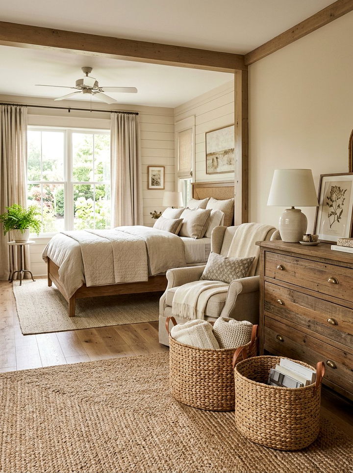 Woven Basket Decor - 30 farmhouse beige bedroom ideas