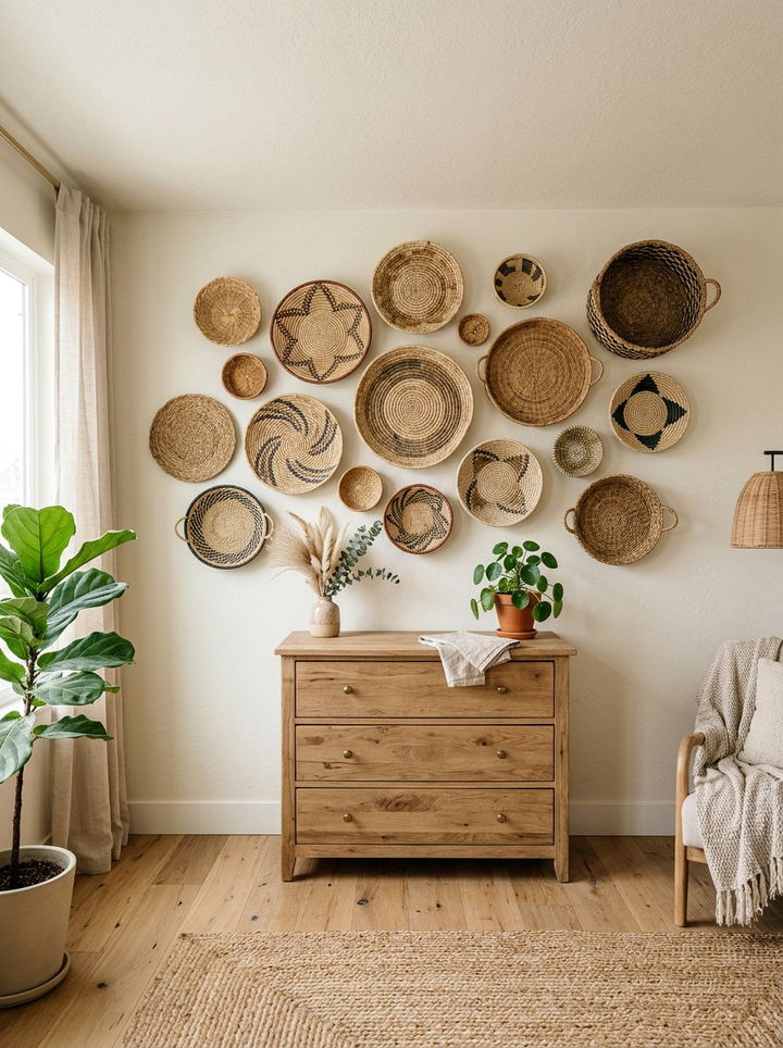 Woven Basket Wall Decor - 30 bohemian cream bedroom ideas