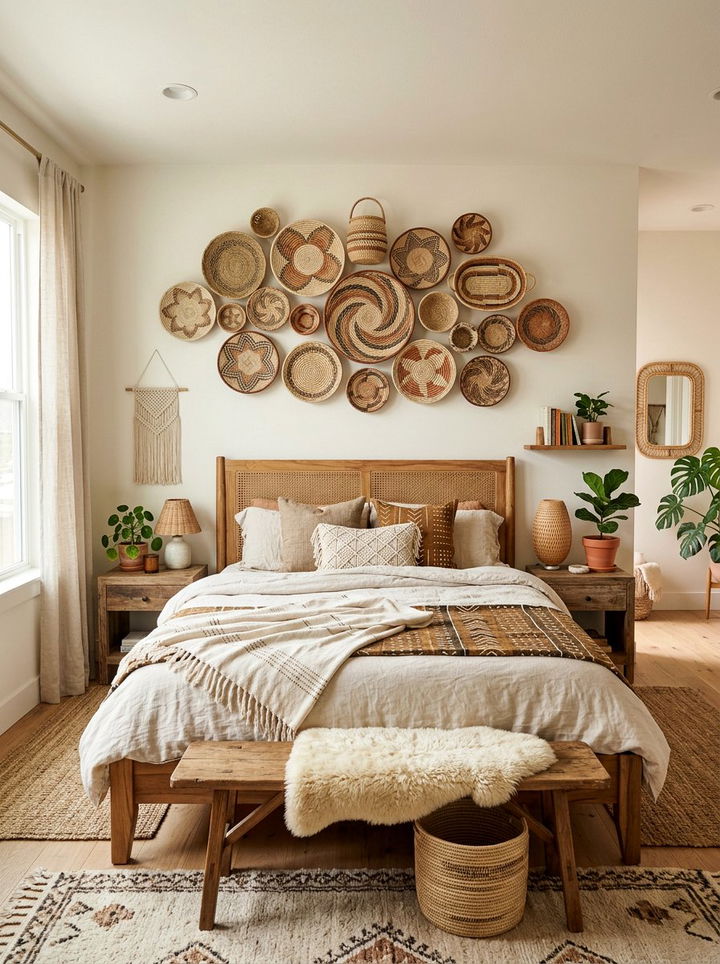 Woven Baskets Wall - 30 thrifted bedroom ideas