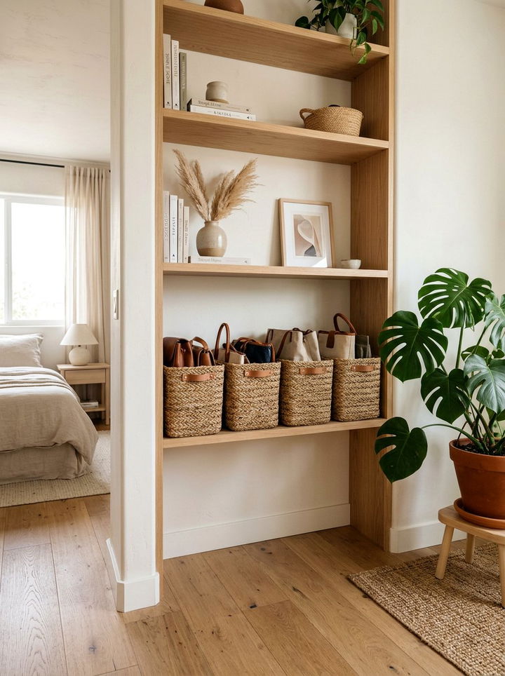 Woven Seagrass Bins - 30 bedroom bag storage ideas