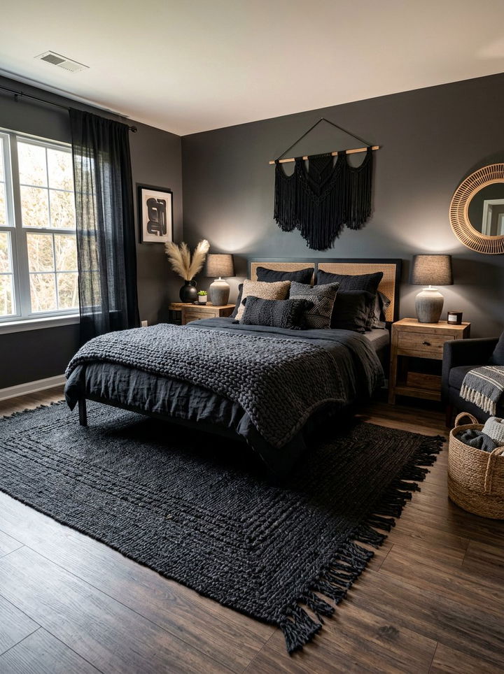 Woven Texture Black Boho Bedroom - 30 bohemian black bedroom ideas