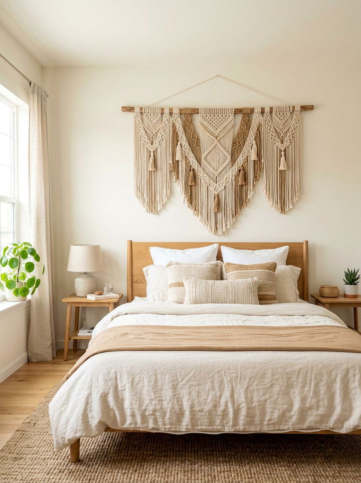 Woven Wall Art - 30 warm minimalist bedroom ideas