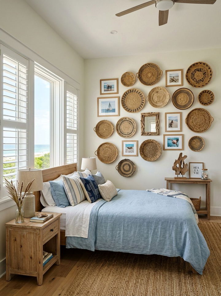 Woven basket photo wall - 30 bedroom memory wall ideas