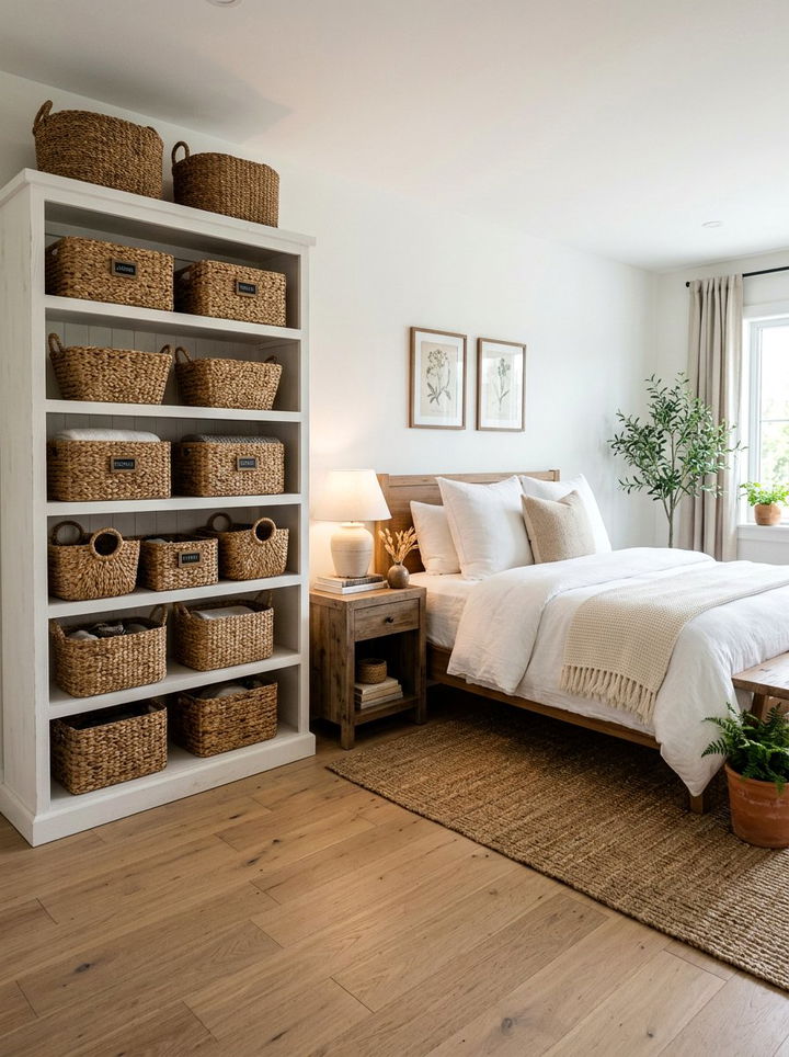 Woven basket storage - 30 rustic white bedroom ideas