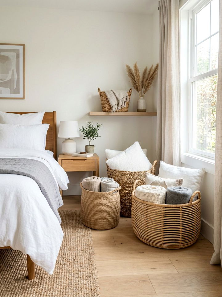Woven basket storage - 30 temporary bedroom ideas