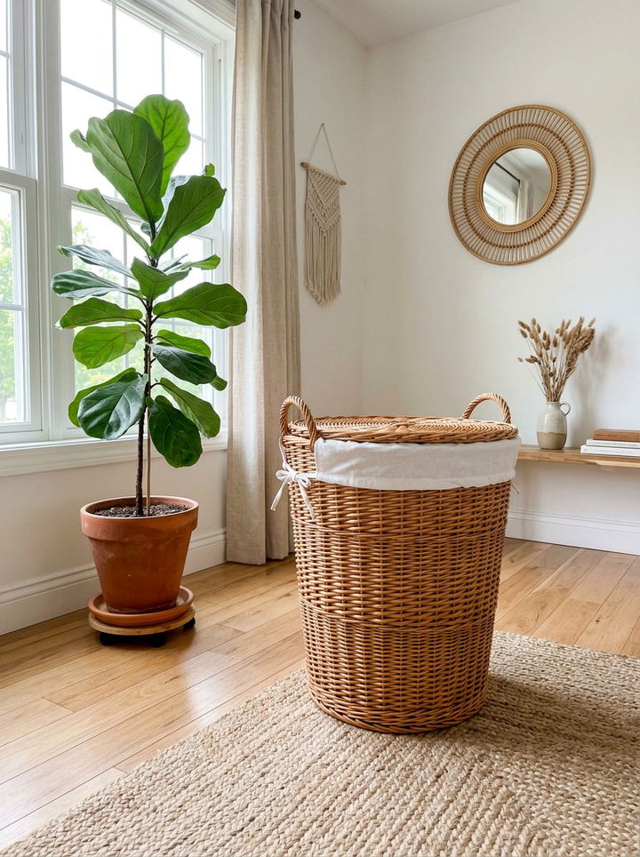 Woven laundry basket - 30 bedroom dirty clothes storage ideas