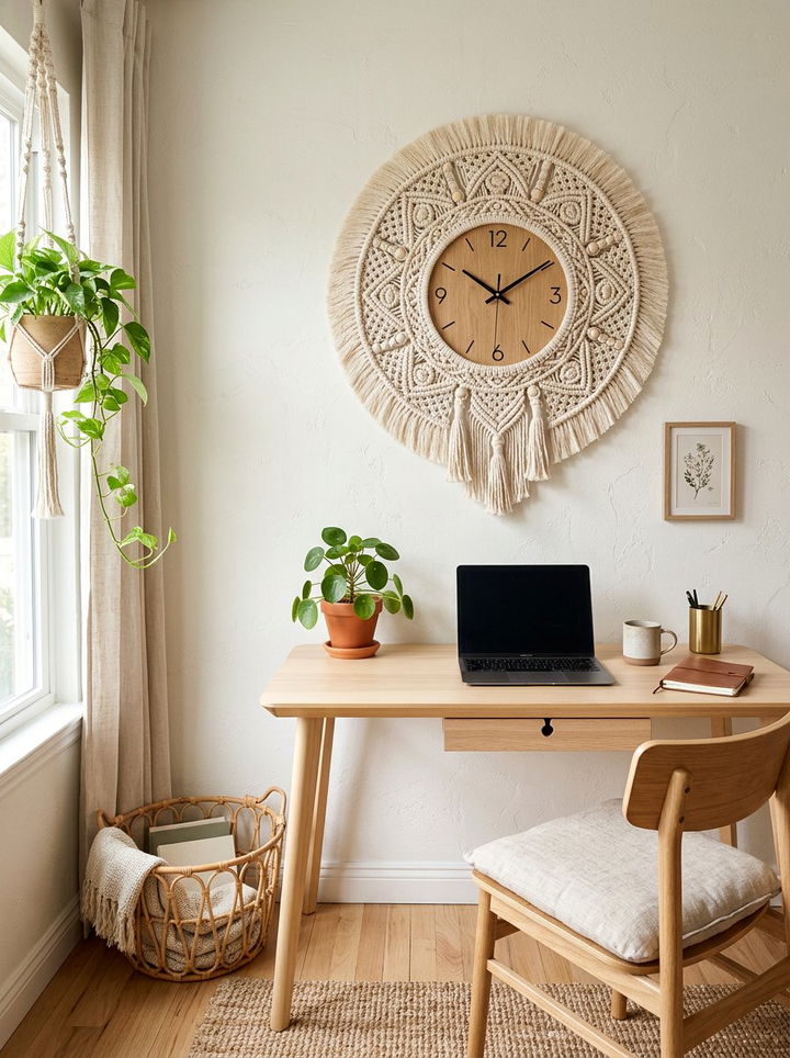Woven macrame wall clock decor - 30 bedroom macrame wall hangings