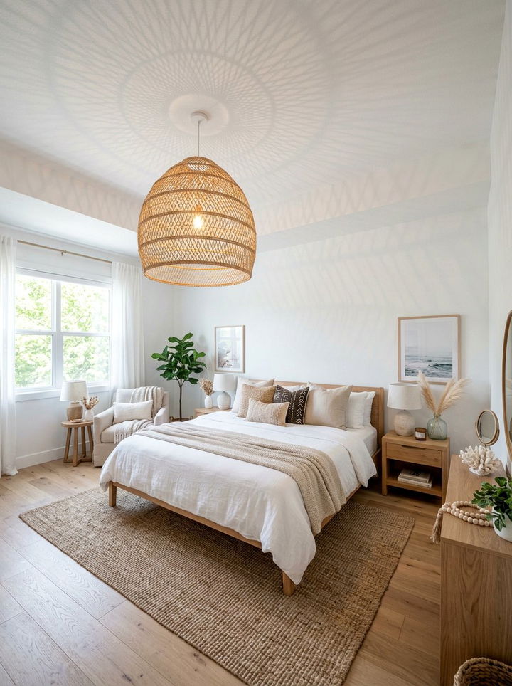 Woven pendant lighting - 30 coastal white bedroom ideas