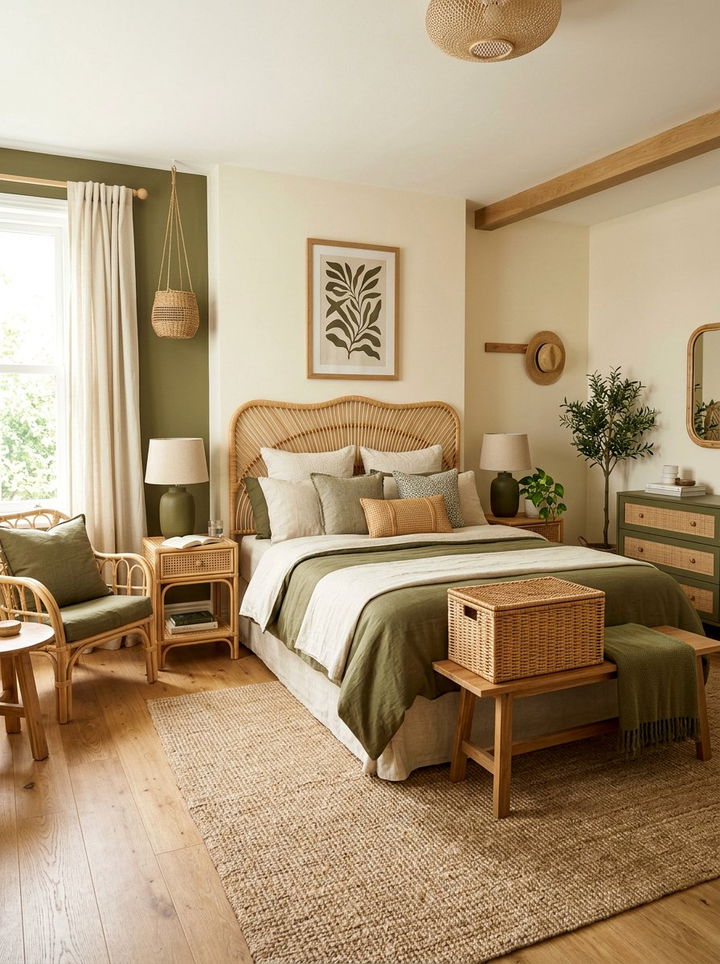 Woven rattan accents - 30 olive and cream bedroom ideas