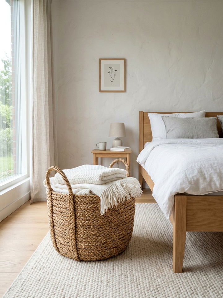 Woven straw basket - 30 Finnish bedroom ideas