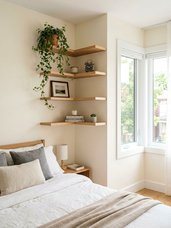 Wrap Around Corner Shelves - 30 bedroom overhead storage ideas