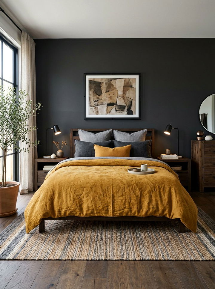 Yellow Ochre Bedspread Dark Gray Room - 30 gray and yellow bedroom ideas