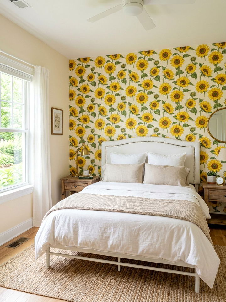 Yellow Sunflower Accent Wall - 30 sunflower bedroom ideas
