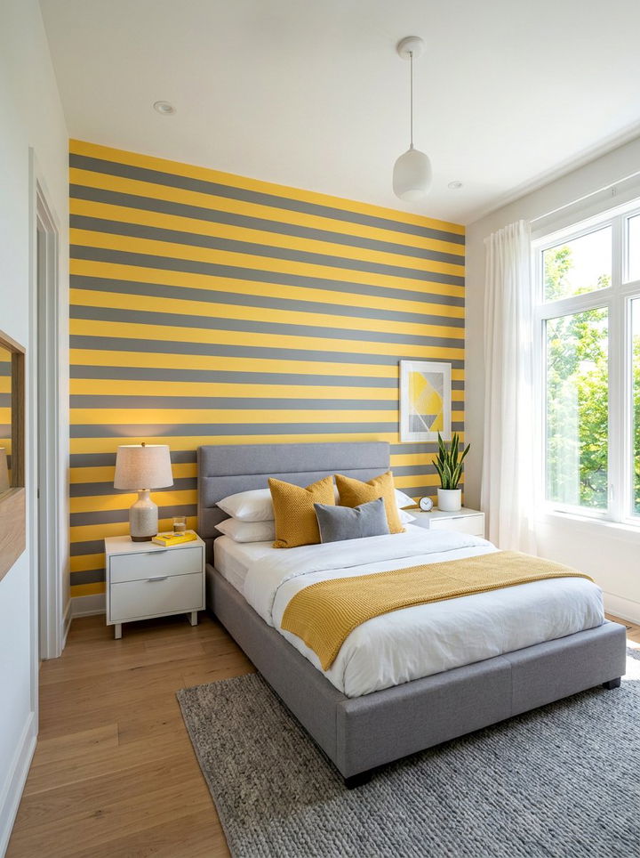 Yellow and gray horizontal stripes - 30 bedroom striped wall ideas