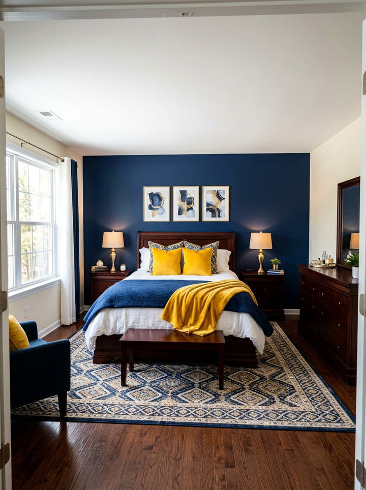 Yellow and navy blue bedroom - 30 golden yellow bedroom ideas