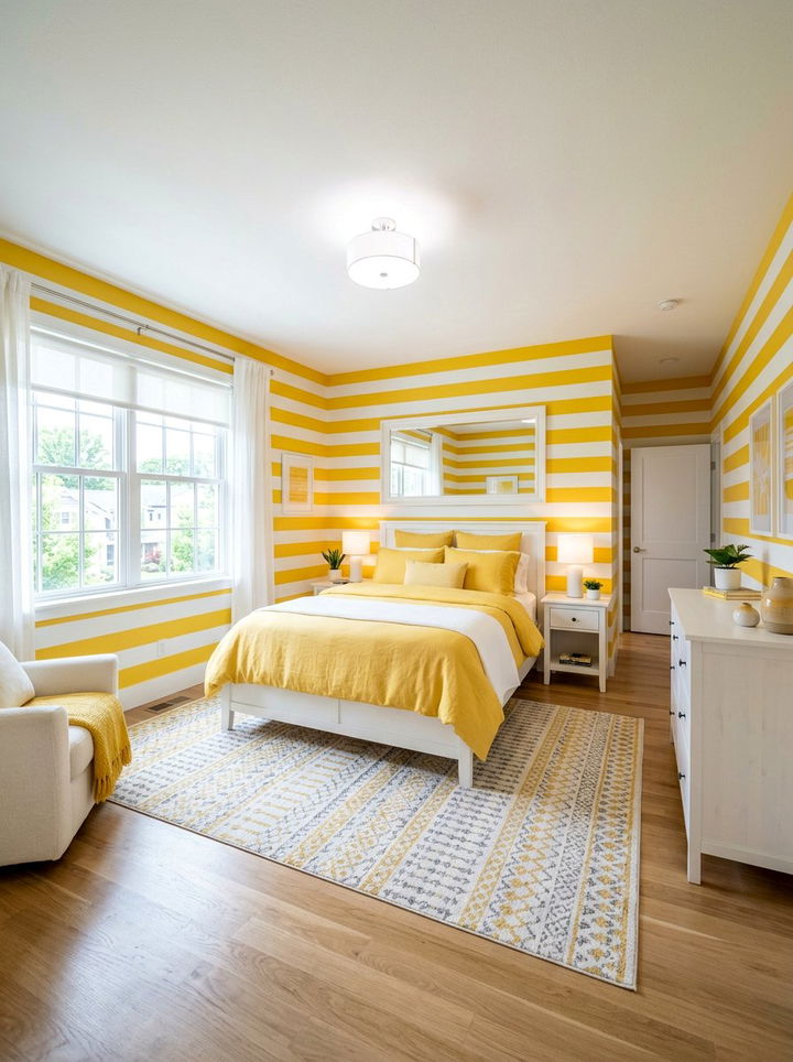 Yellow and white striped walls - 30 golden yellow bedroom ideas