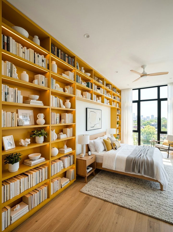 Yellow built in shelving - 30 golden yellow bedroom ideas