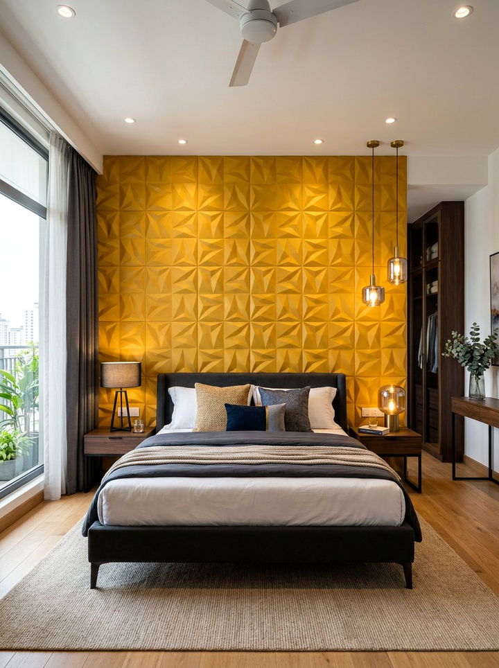 Yellow textured wall panels - 30 golden yellow bedroom ideas