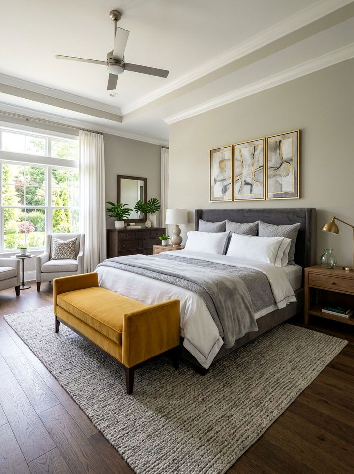 Yellow upholstered bench - 30 golden yellow bedroom ideas