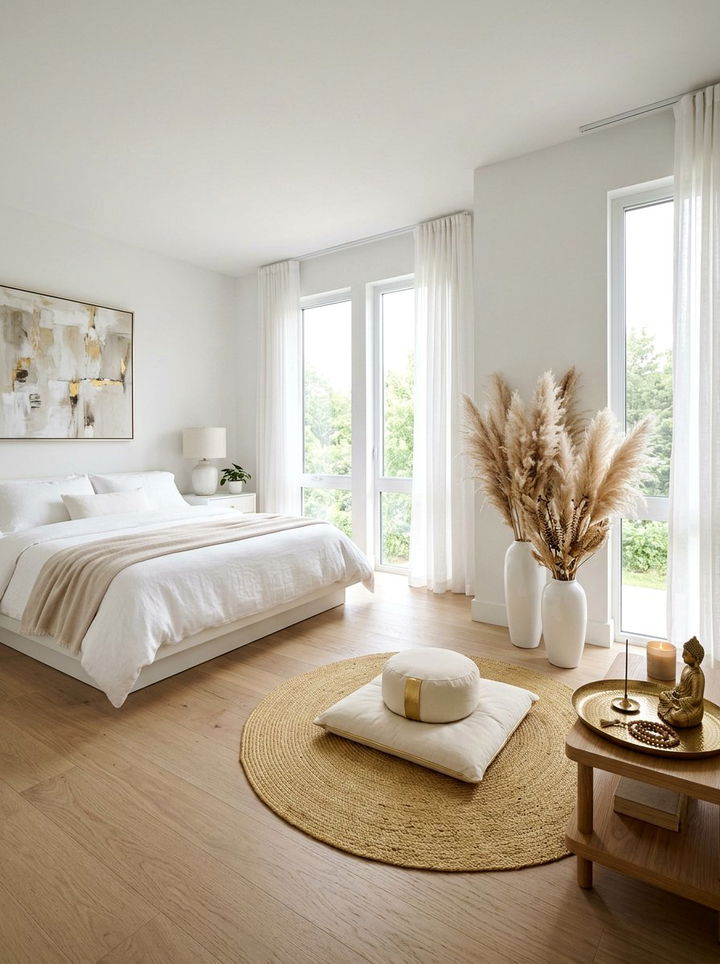 Zen white bedroom with gold meditation space - 30 gold and white bedroom ideas