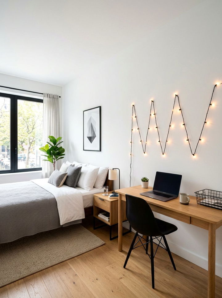 Zig zag wall string lights - 30 bedroom string lights ideas