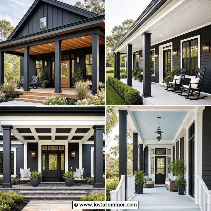 30 Black House Design With Porch Ceiling Ideas: Cozy Style