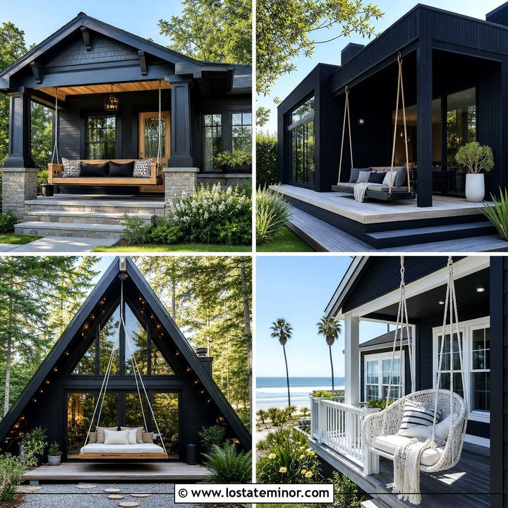 30 Black House Design With Swing Ideas for Cozy Porches