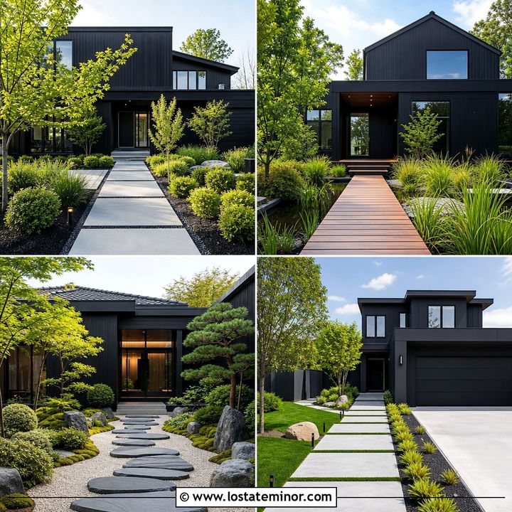 30 Black House Design With Walkway Ideas for Inviting Entries