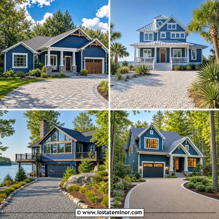 30 Denim Blue House Design With Driveway Ideas for Curb Appeal