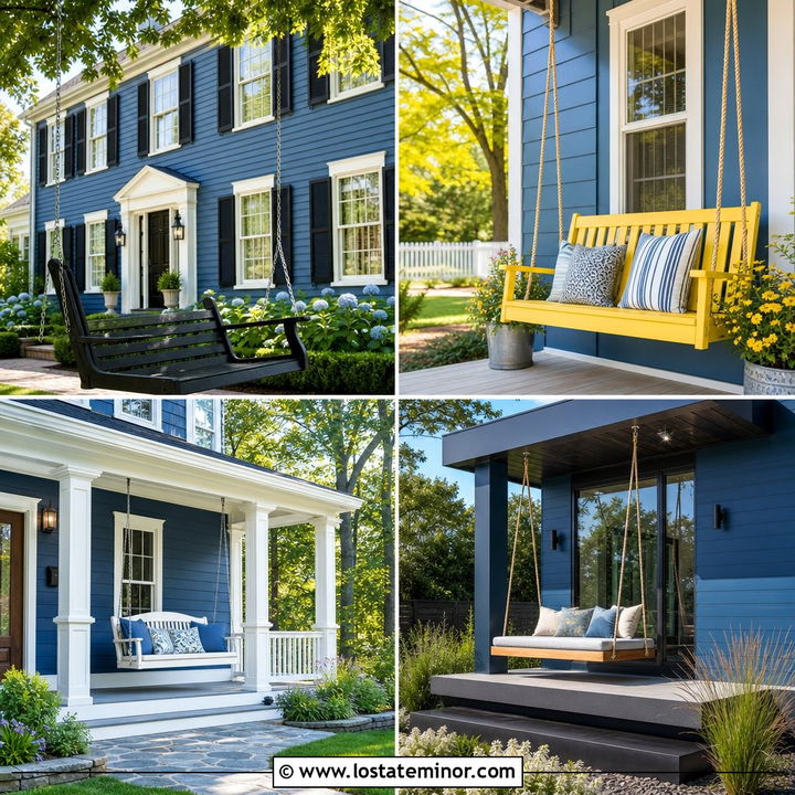 30 Denim Blue House Design With Swing Ideas for Cozy Porches
