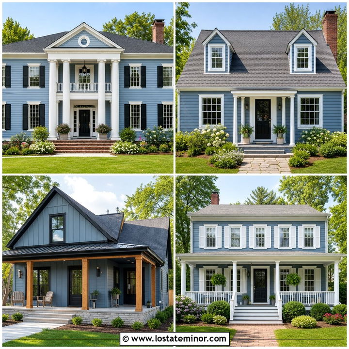 30 Dusty Blue House Design With Porch Columns Ideas That Impress