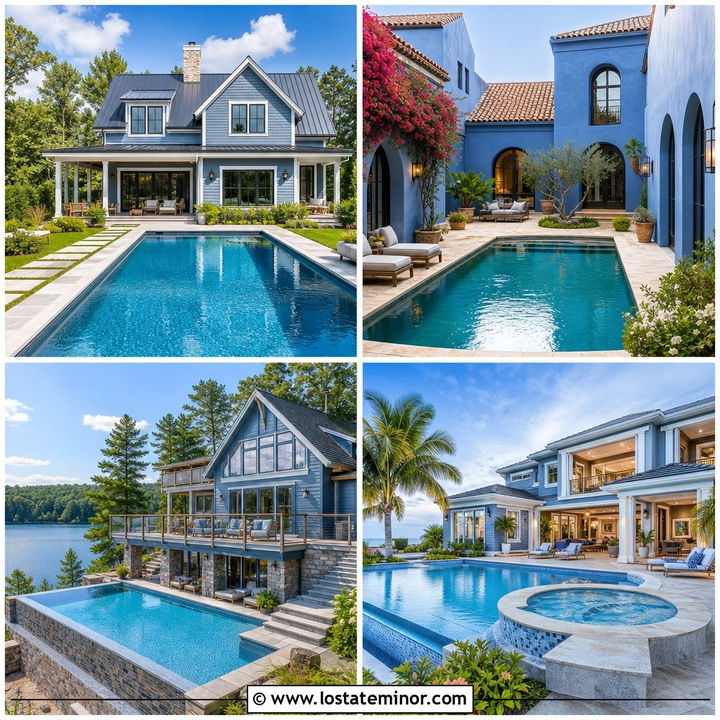 30 Dusty Blue House Design With Swimming Pool Ideas for Summer