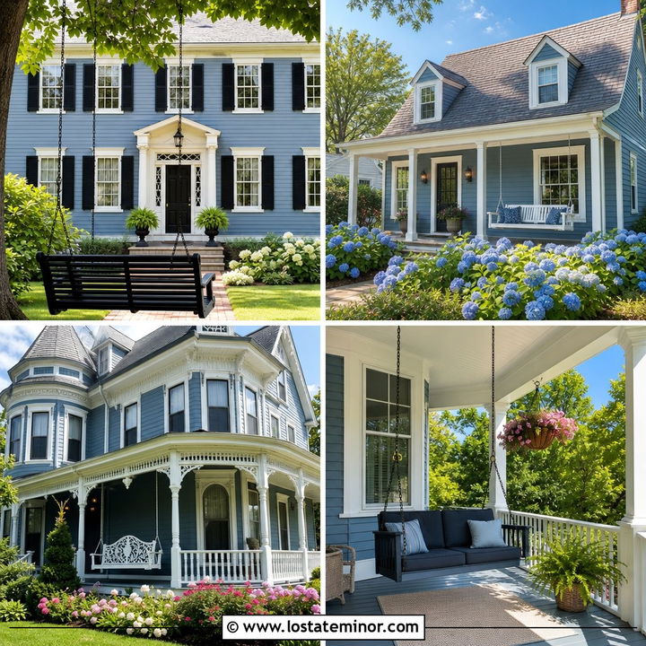 30 Dusty Blue House Design With Swing Ideas for a Cozy Porch