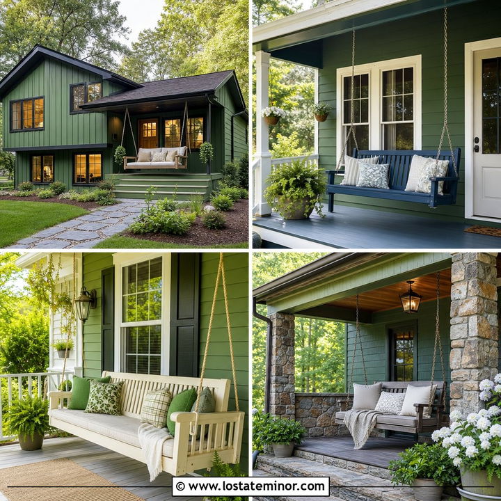 30 Forest Green House Design With Swing Ideas: Cozy Porch Style