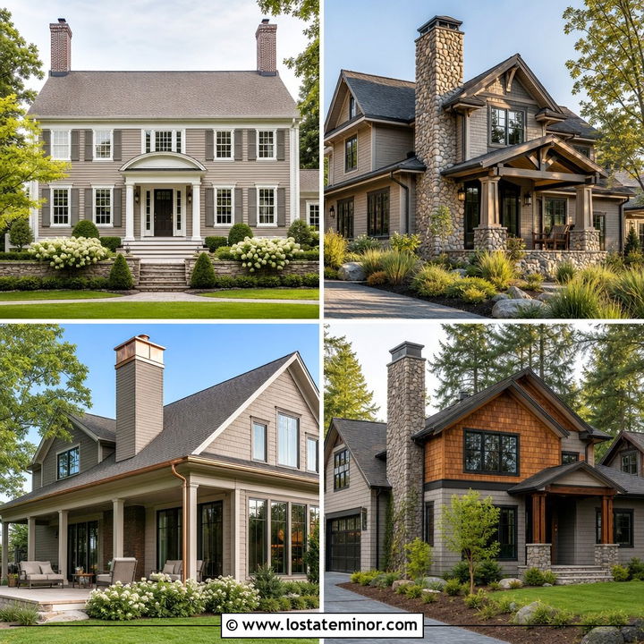 30 Greige House Design With Chimney Ideas for Cozy Curb Appeal