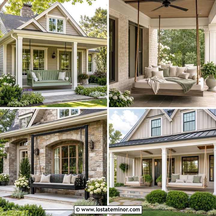 30 Greige House Design With Swing Ideas for Relaxed Porches