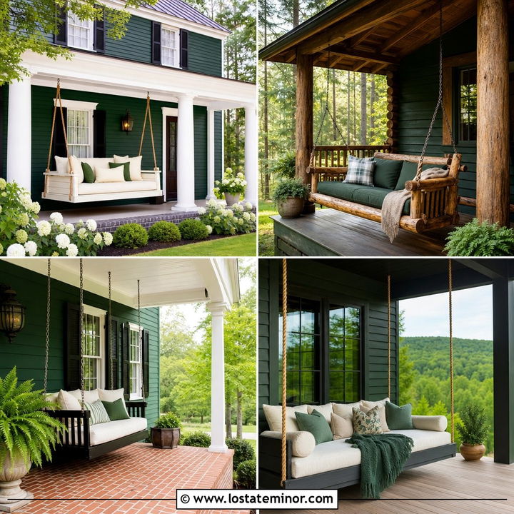 30 Hunter Green House Design With Swing Ideas: Cozy Curb Appeal