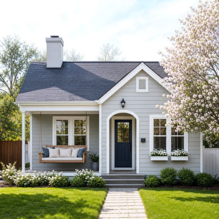 30 Light Grey House Design With Swing Ideas for Cozy Porches