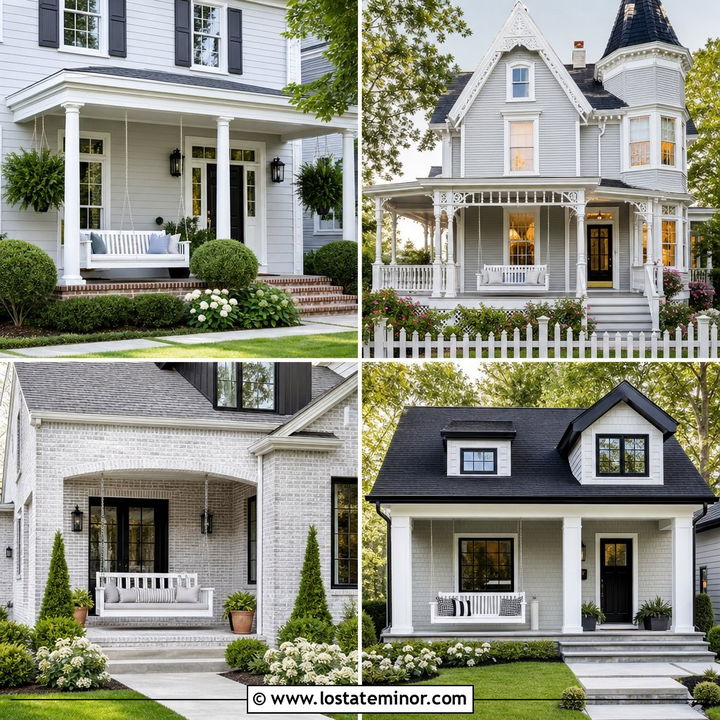30 Light Grey House Design With Swing Ideas for Cozy Porches