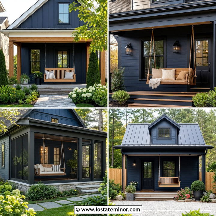 30 Midnight Blue House Design With Swing Ideas for Cozy Porches