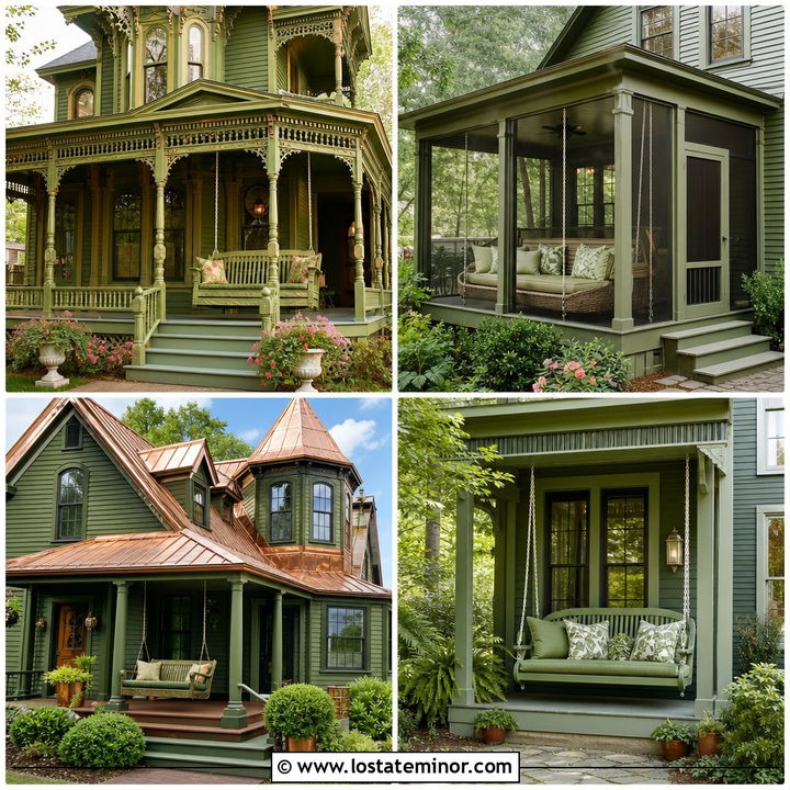 30 Moss Green House Design With Swing Ideas for a Dreamy Porch